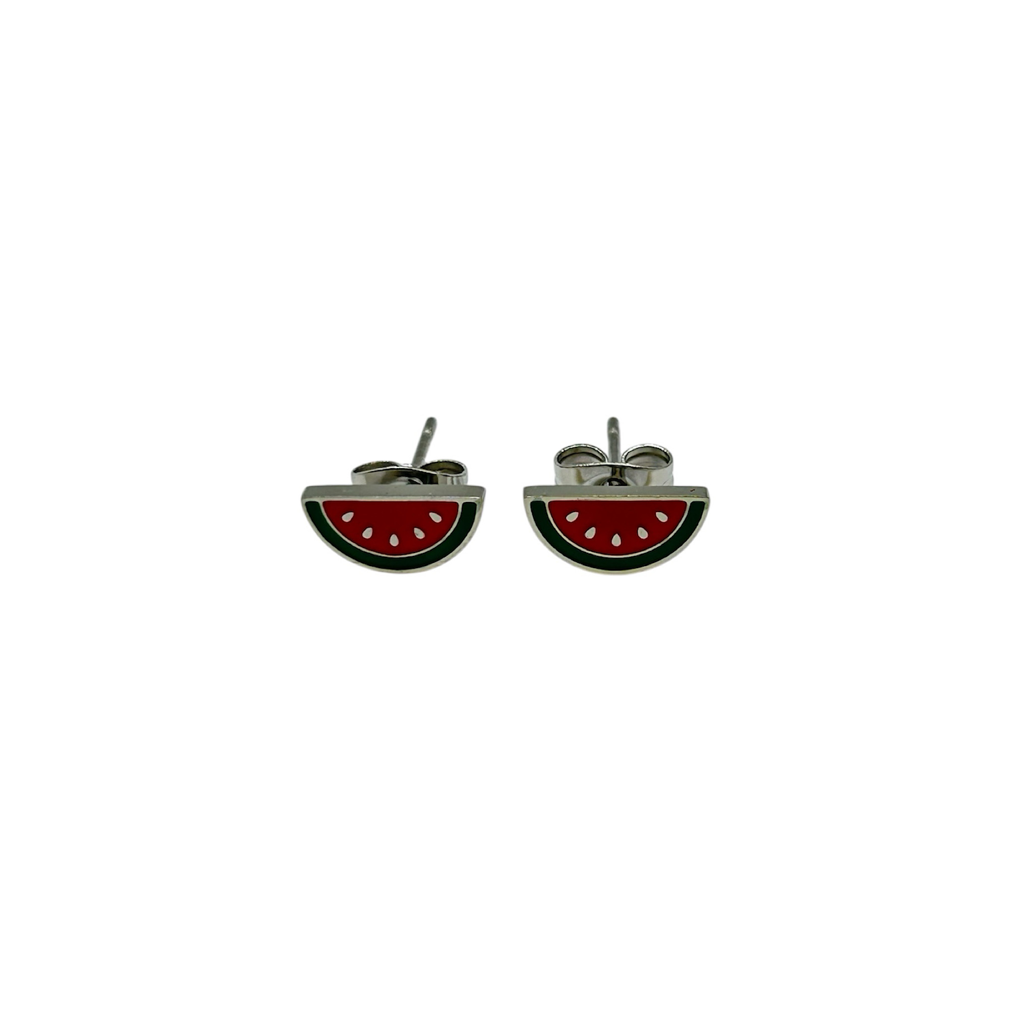 Stud silver steel earrings with watermelons.